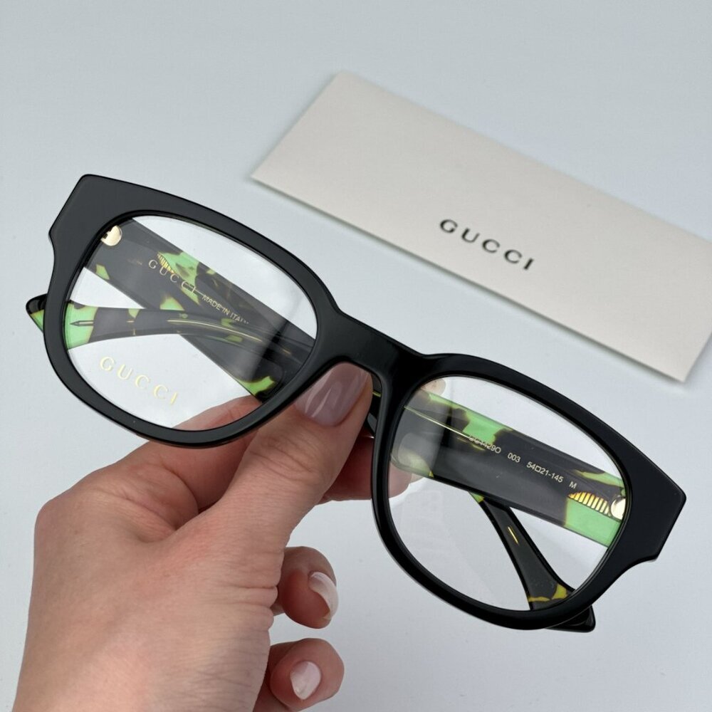 Gucci GG1429O 003 BRAND NEW Eyeglasses Black Green Havana Square Men